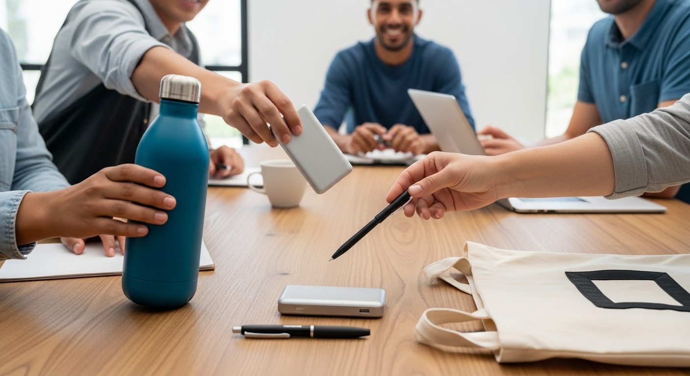 A group of people are sitting around a table having a meeting looking at promotional products