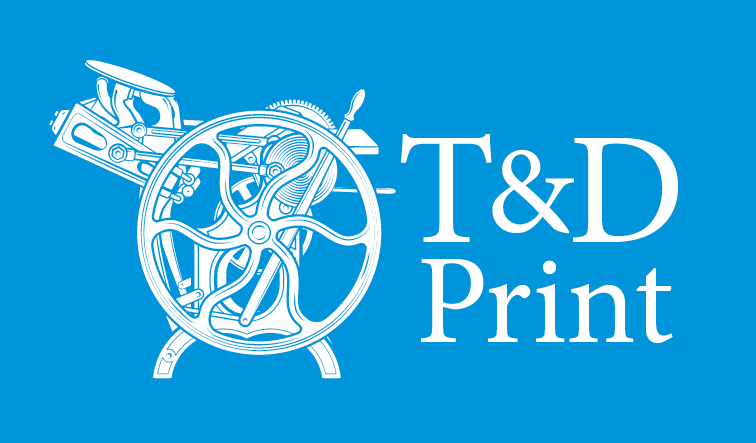 A blue and white logo for t & d print