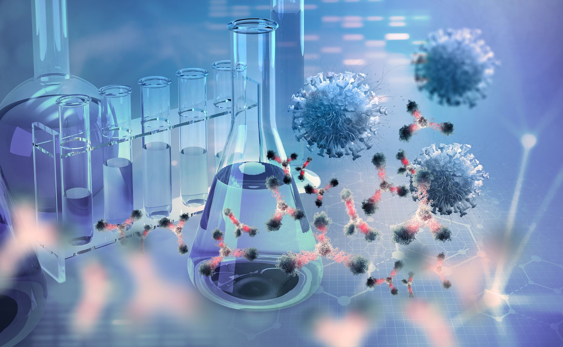A computer generated image of a beaker , test tubes , and viruses in a laboratory.
