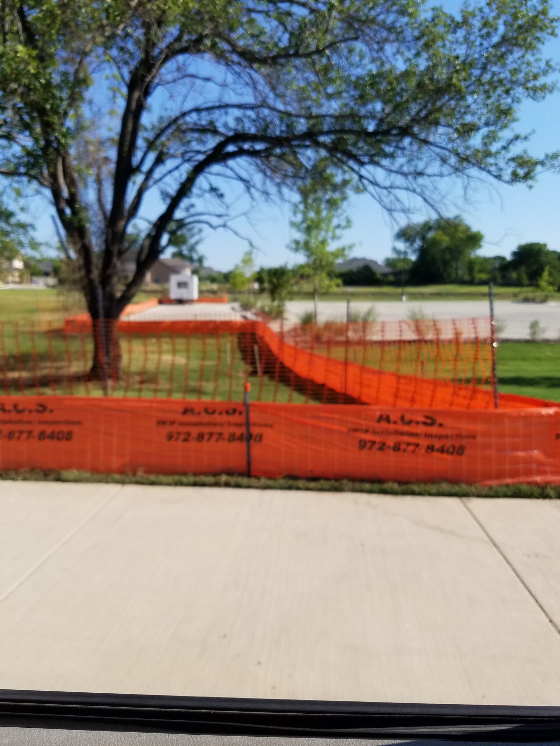 Orange construction fencing around a sidewalk beside a tree and grassy area under a blue sky