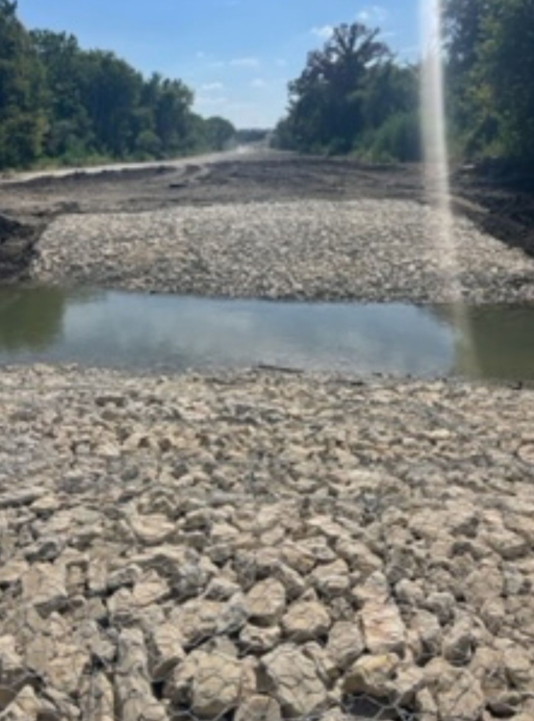 Rocky riverbed with a shallow pool of water and trees lining the banks under a bright sky