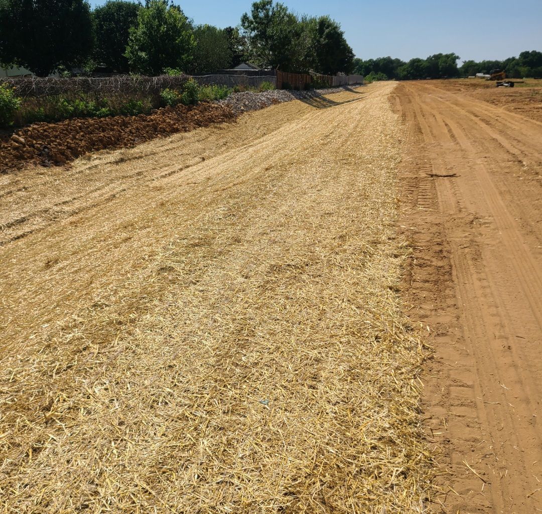 Dirt road under construction beside a straw-covered embankment and trees on a sunny day