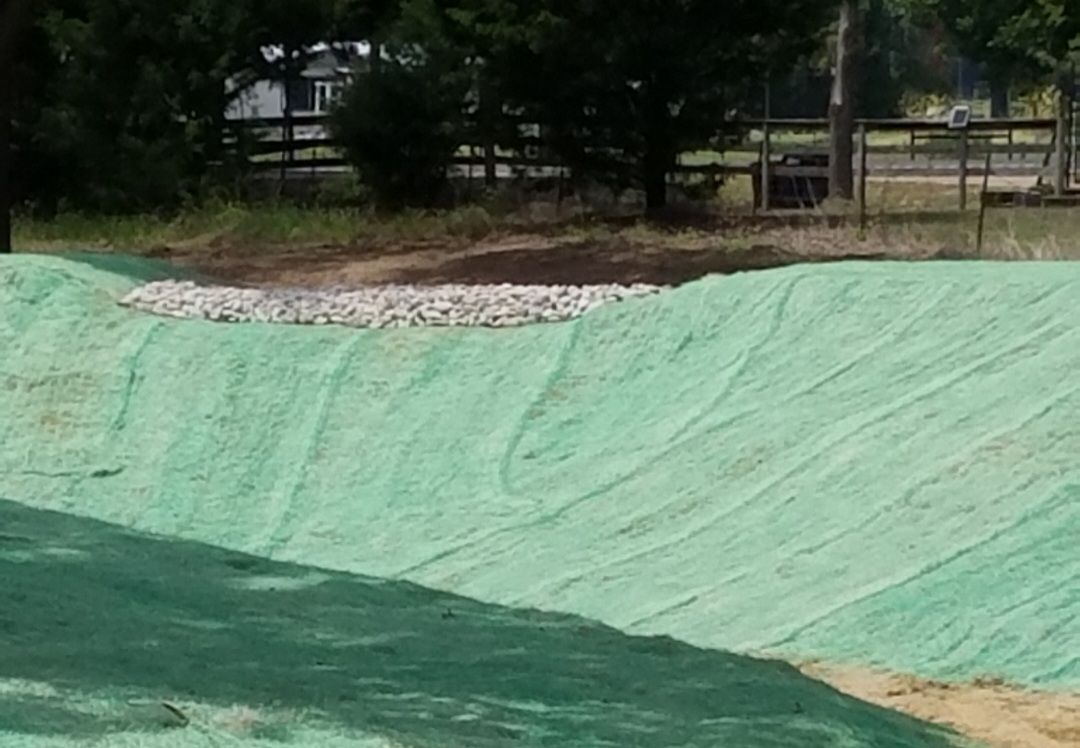 Green-lined drainage ditch with rocks at the top, bordered by trees and a fence in the background