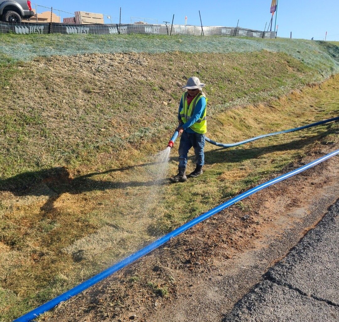 Worker in high-visibility vest spraying water on a sloped grassy roadside ditch
