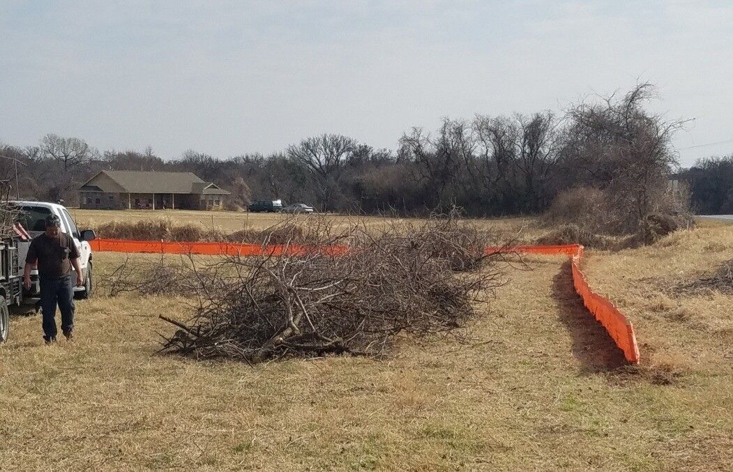 Orange safety fence around brush pile in a grassy field, with a person standing on the left.