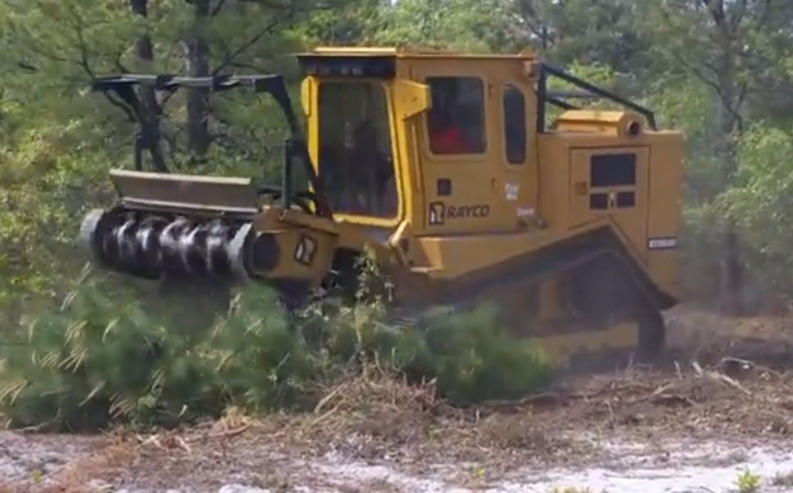 Yellow tracked forestry machine clearing brush in a wooded area, kicking up dust
