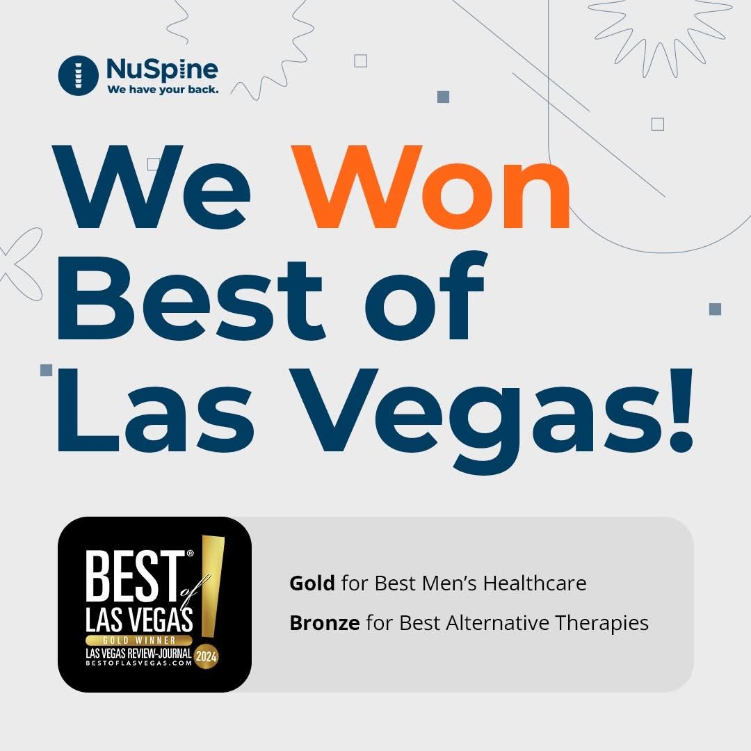 NuSpine award graphic: “We Won Best of Las Vegas!” with Gold for Best Men’s Healthcare and Bronze for Best Alternative Therapies