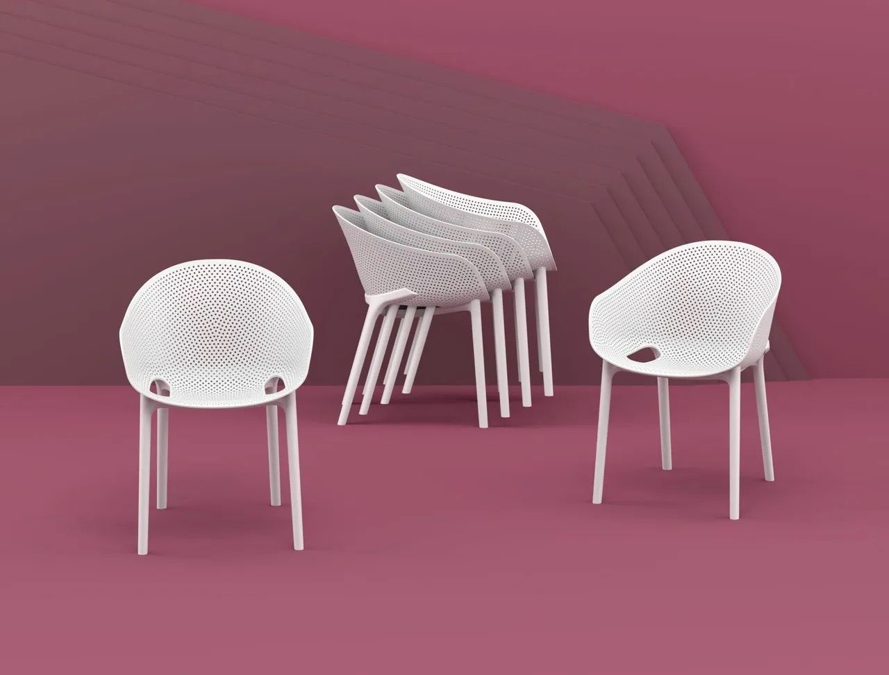 Three White Chairs Are Stacked on Top of Each Other on a Pink Background — Creative Commercial Furniture in Cairns City, QLD 