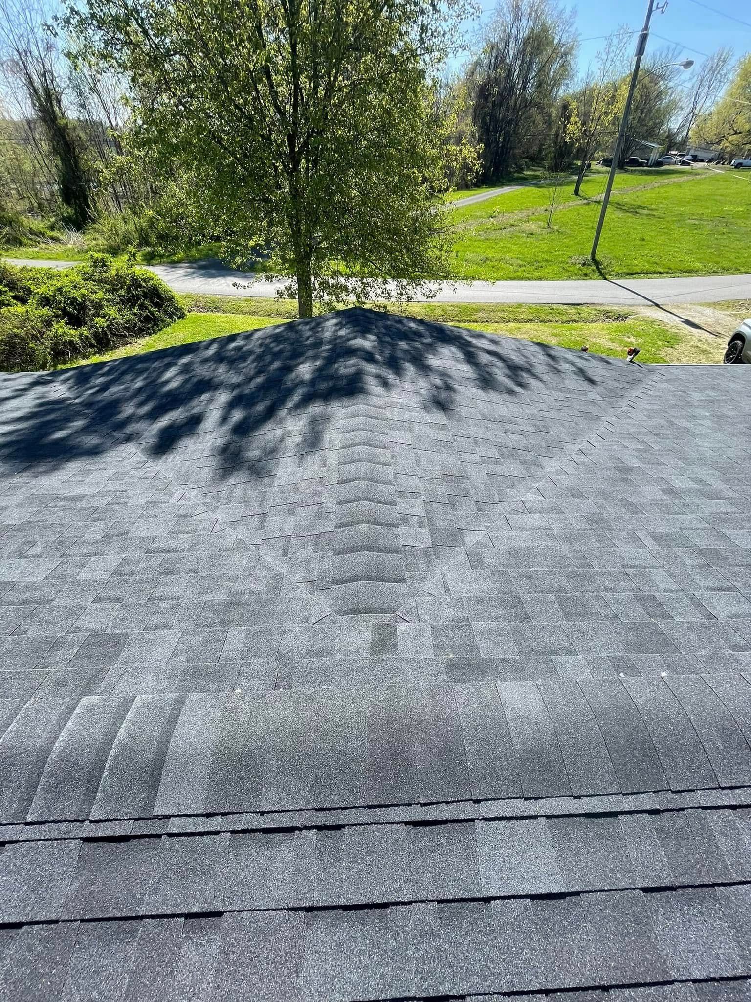 Close-up of a dark gray shingled roof with sunlight and a tree shadow cast across it