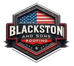 Blackston and Son Roofing logo with a stylized American flag and shield emblem