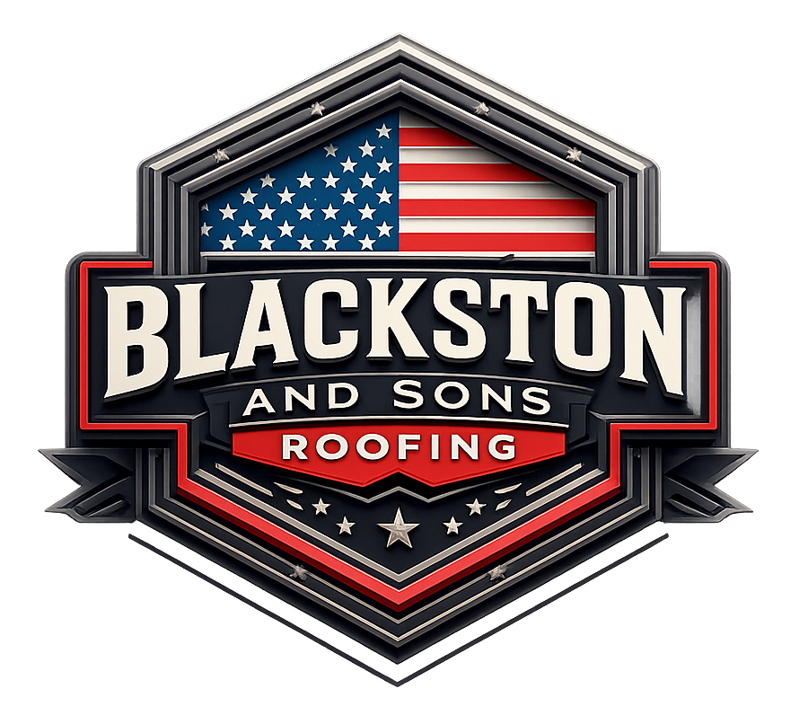 Blackston and Son Roofing logo with a stylized American flag and shield emblem