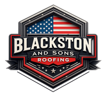 Blackston and Son Roofing logo with a stylized American flag and shield emblem