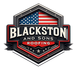 Blackston and Son Roofing logo with a stylized American flag and shield emblem