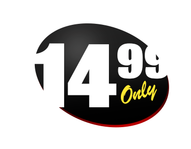 $14.99 price displayed in white on a black oval with 