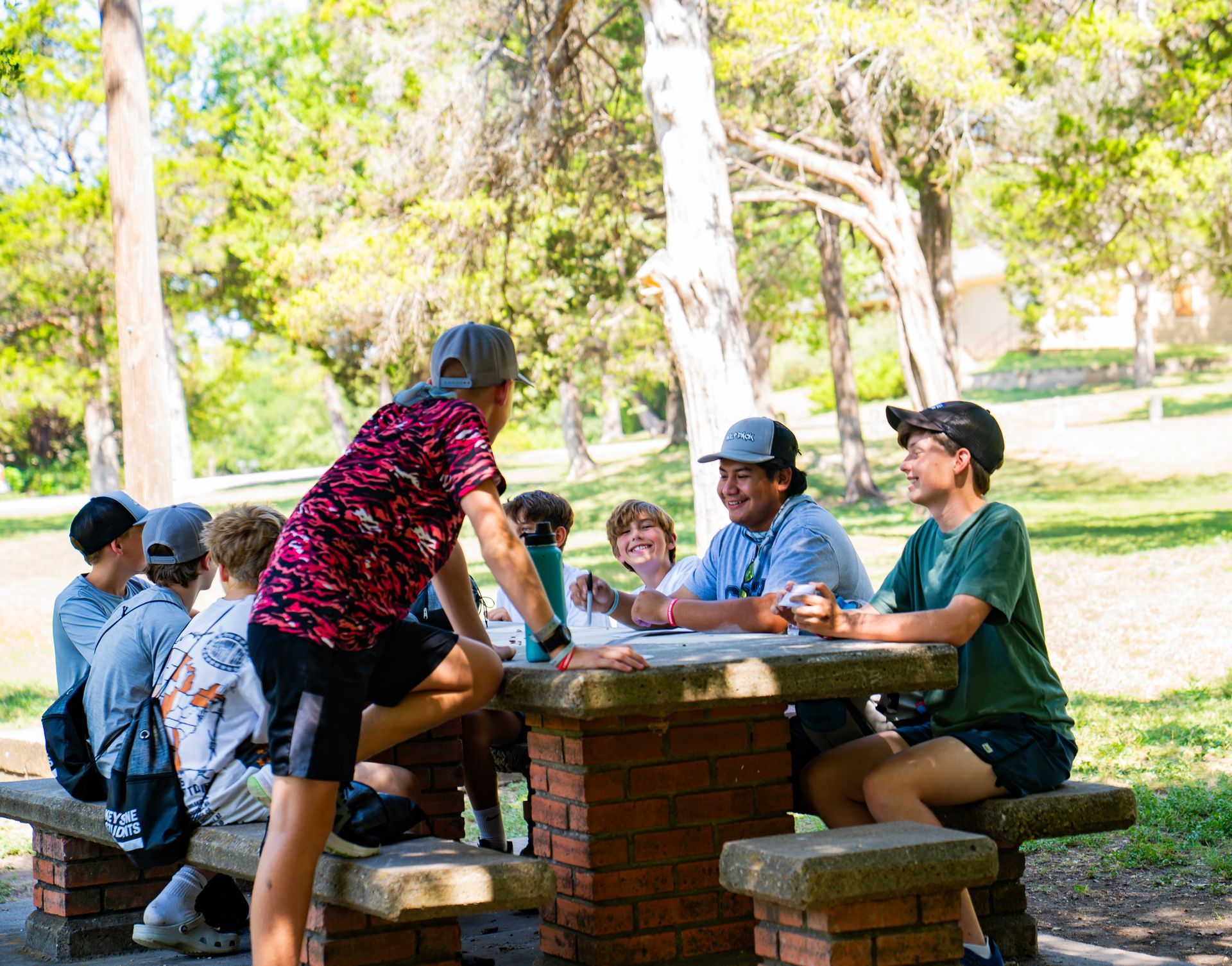 People sitting and talking around a picnic table in a sunny park under trees
