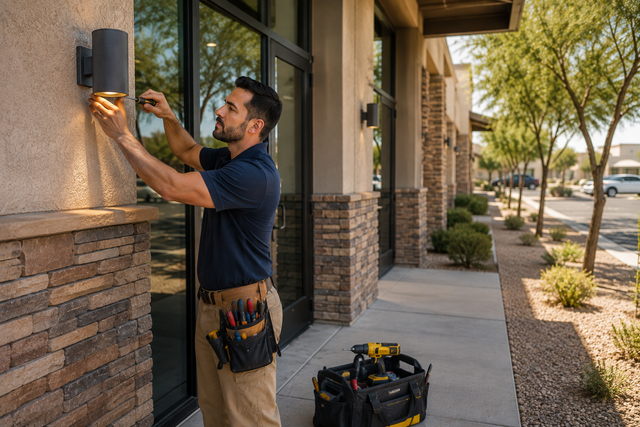 Technician adjusting an outdoor wall-mounted light beside a building entrance