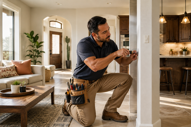 Technician kneeling and using a tool to inspect a wall outlet in a bright living room and kitchen.