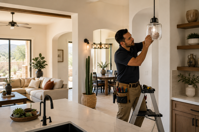 Electrician replacing a ceiling light in a bright, modern living room