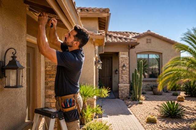 Technician fixing outdoor light fixture on a stucco house exterior with tools on a ladder