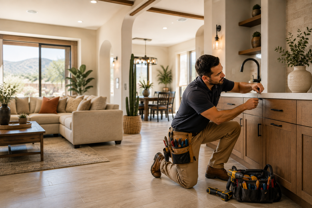 Handyman kneels fixing a kitchen cabinet in a bright, modern living room