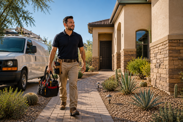 Man walking with tools beside a suburban house and van on a sunny day
