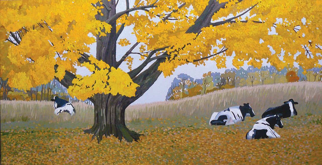 Maple tree and cows oil painting.