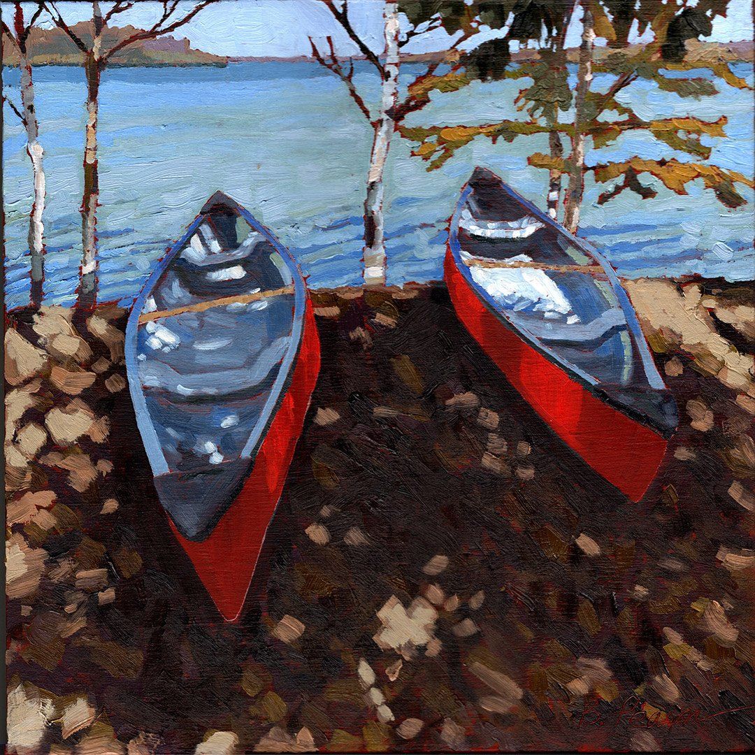 Two canoes oil painting.