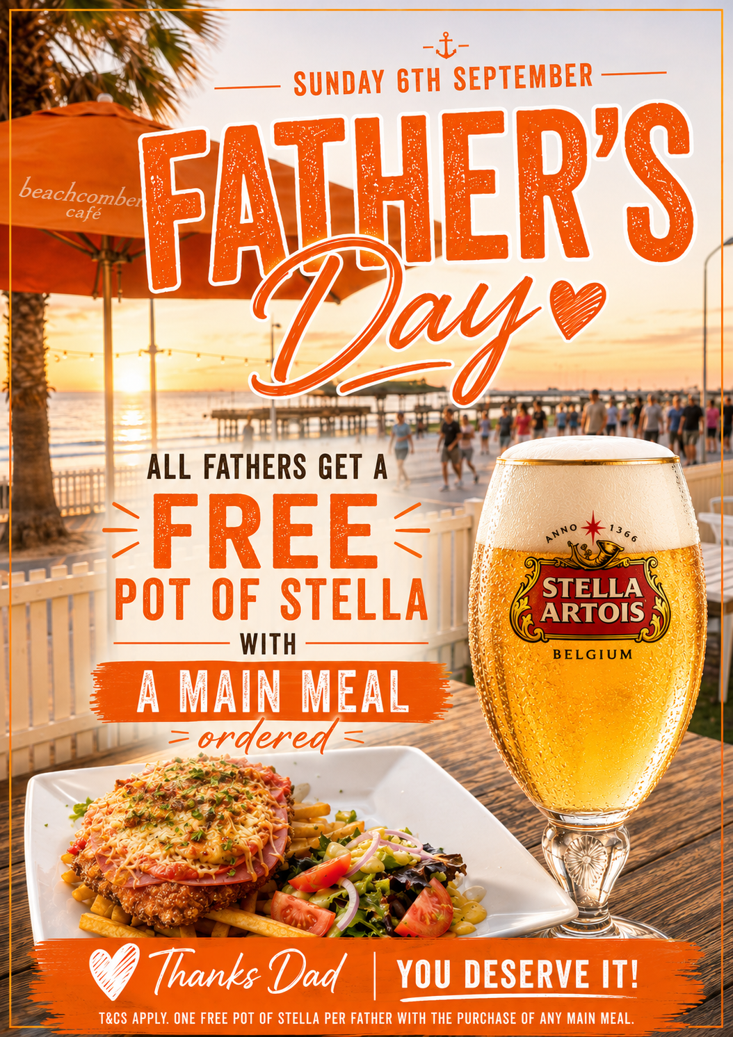 Father's Day at Beachcomber Cafe — free pot of Stella with a main meal, Sunday 6 September