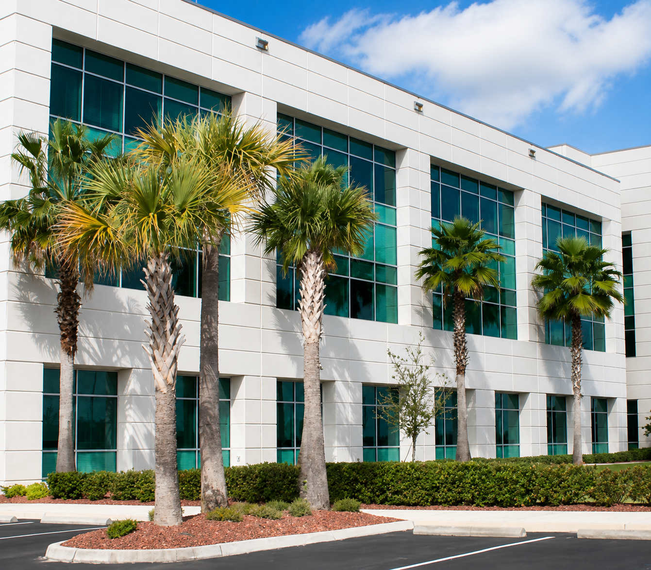 Modern white office building with blue windows and palm trees along the front sidewalk
