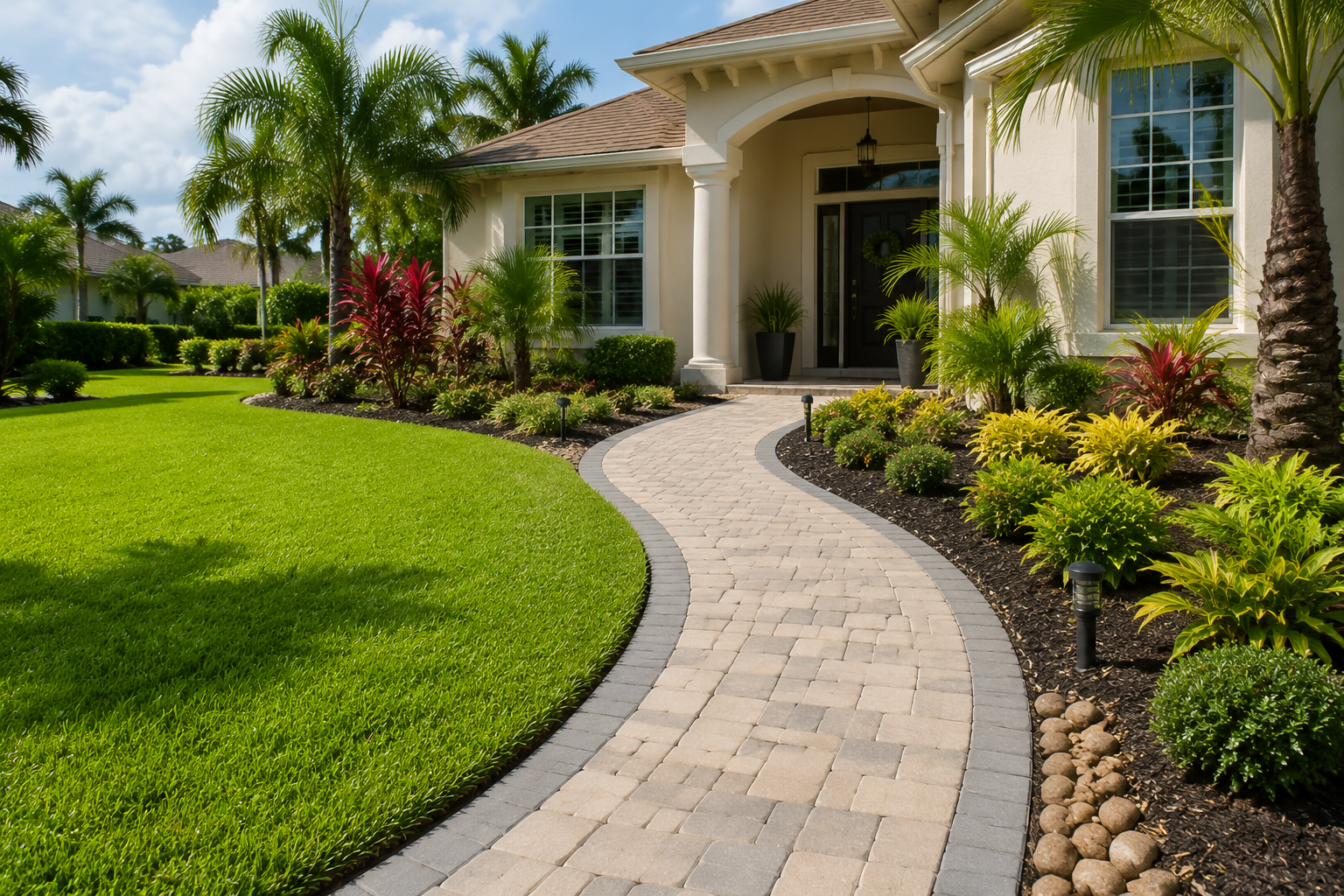Curved stone walkway through a manicured tropical garden beside a beige house with palm trees