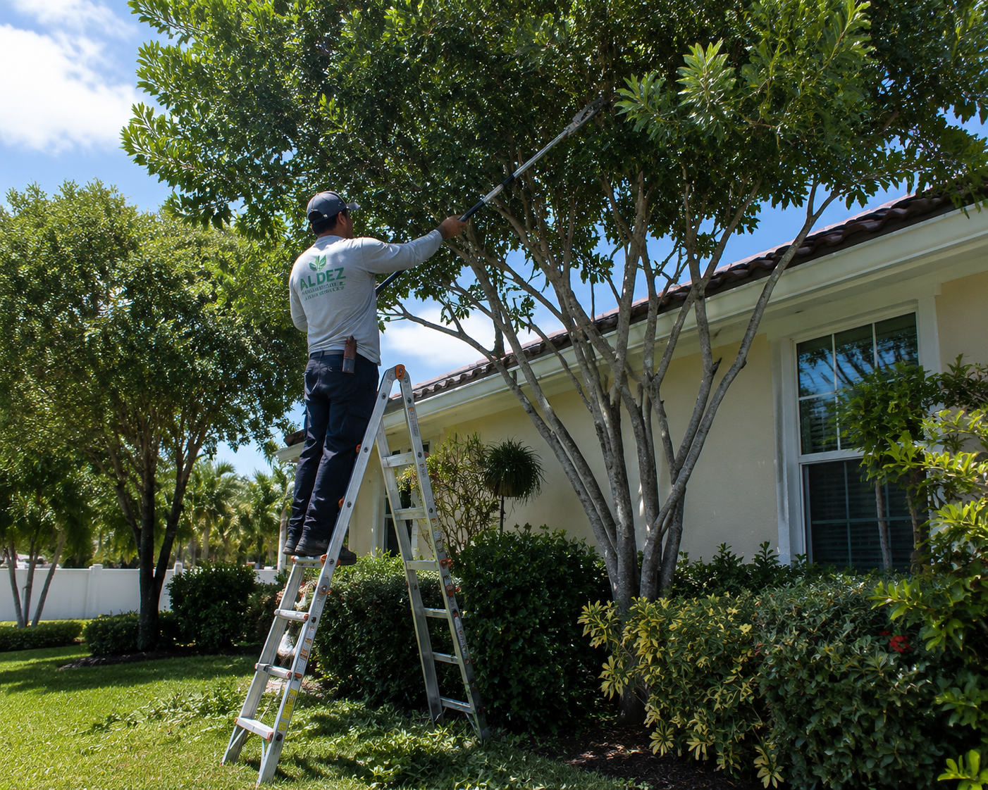Worker on a ladder trimming tree branches beside a house on a sunny day