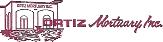 Ortiz Mortuary Inc. logo in maroon with a mortuary building icon