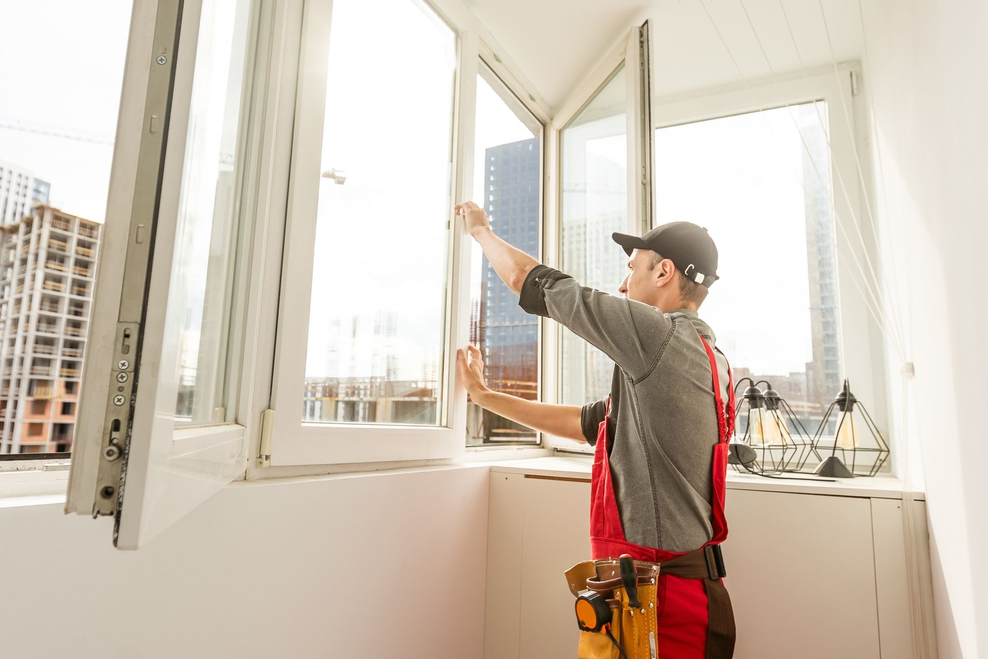 Worker installing a window in a bright apartment, using tools by an open frame.