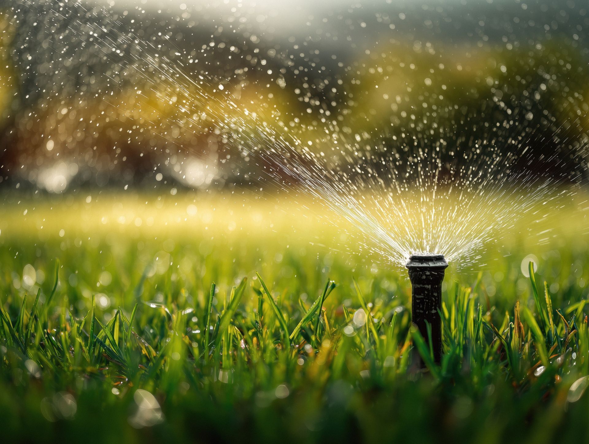 Garden sprinkler spraying water over green grass at sunset