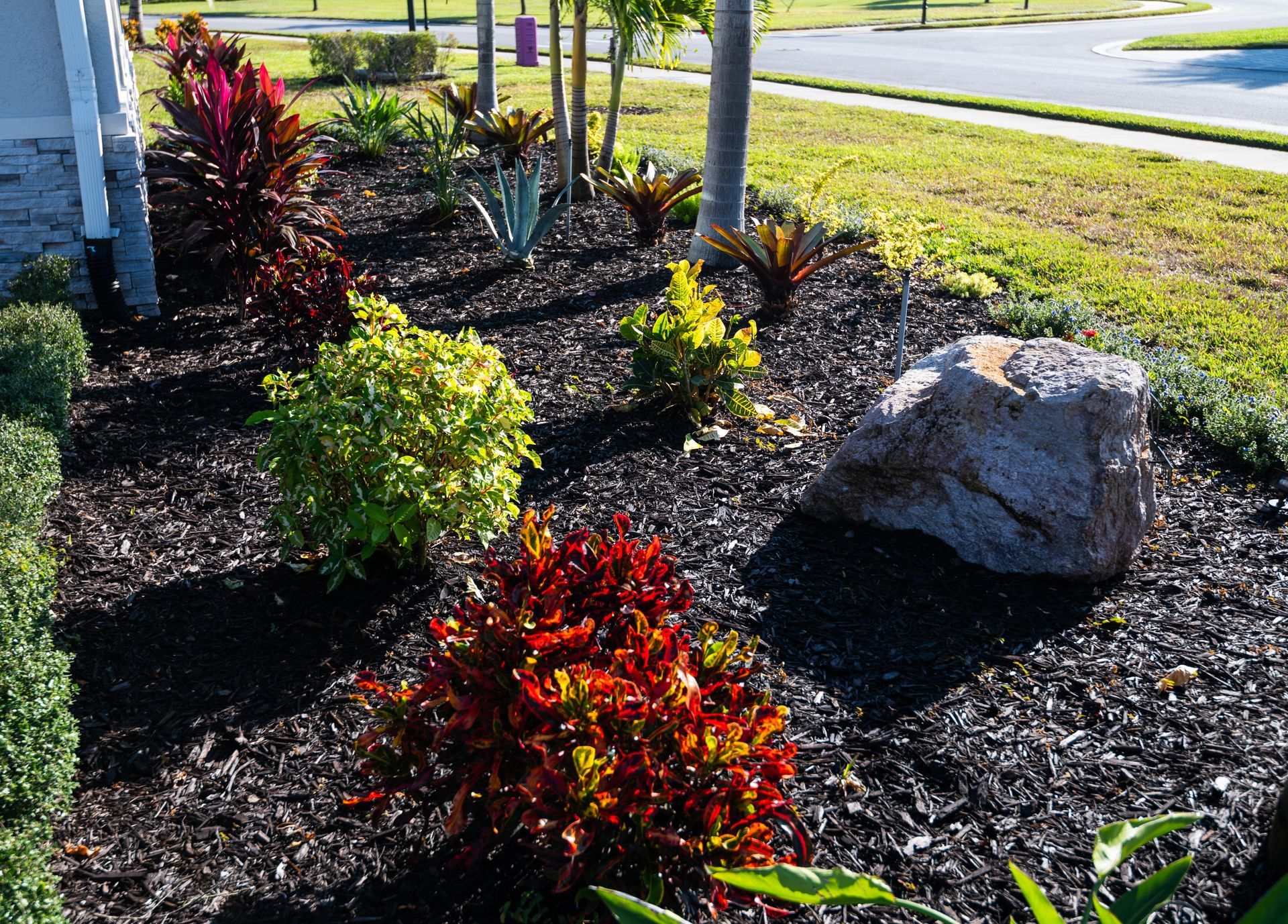 Landscaped garden bed with colorful shrubs, mulch, and a large rock by a roadside.