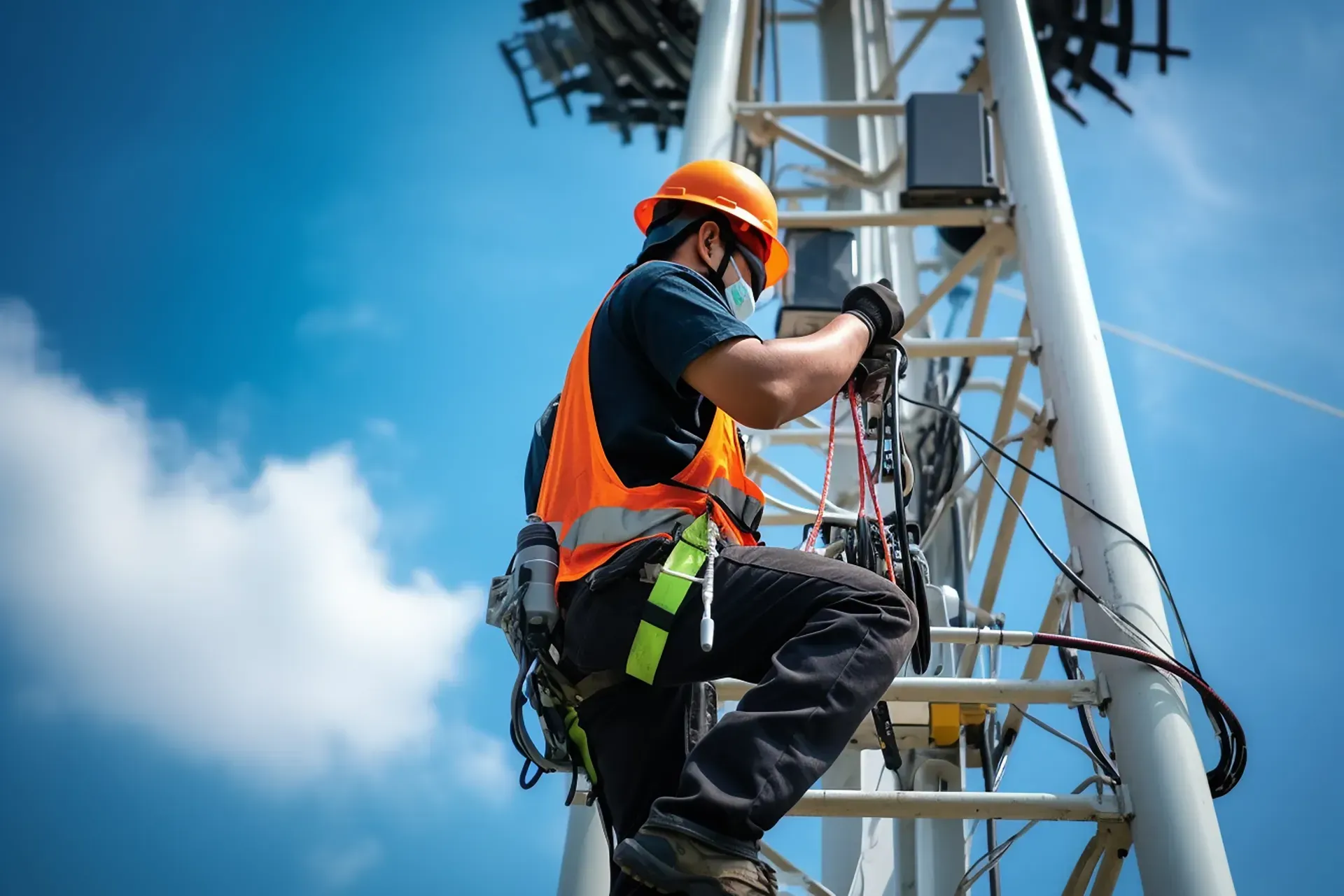 Manning Cable Services aerial line maintenance along a busy highway in Windsor, Vermont