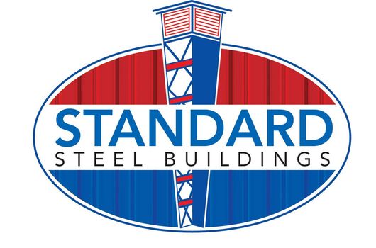 Standard Steel Buildings logo in red, white, and blue with an oval badge and tower icon