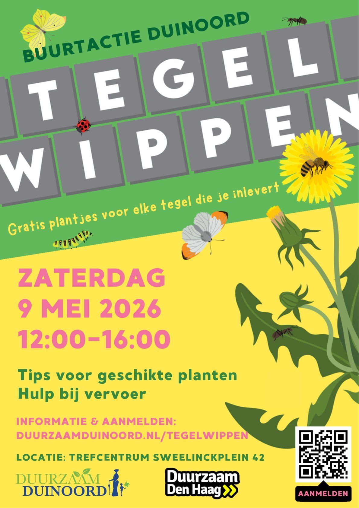 Poster for Buurtactie Duinord: green “Tegels Wippen” event, Saturday 9 May 2026, 12:00–16:00.