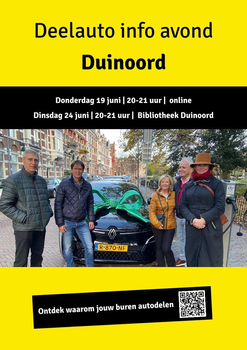 Poster voor Deelauto infoavond Duinord, met data, een groepsfoto en een QR-code op een geel-zwart ontwerp.