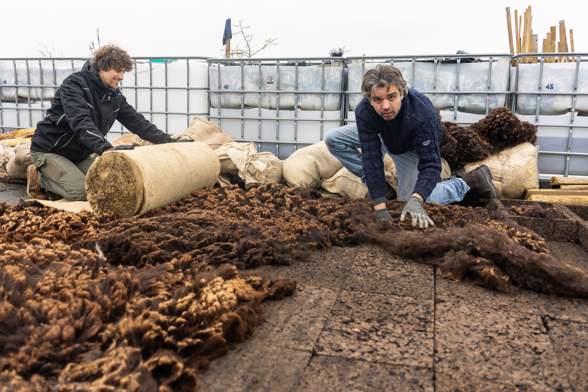 Arbeiders sorteren zeewier op een kade naast witte vaten en touwen onder een bewolkte hemel.