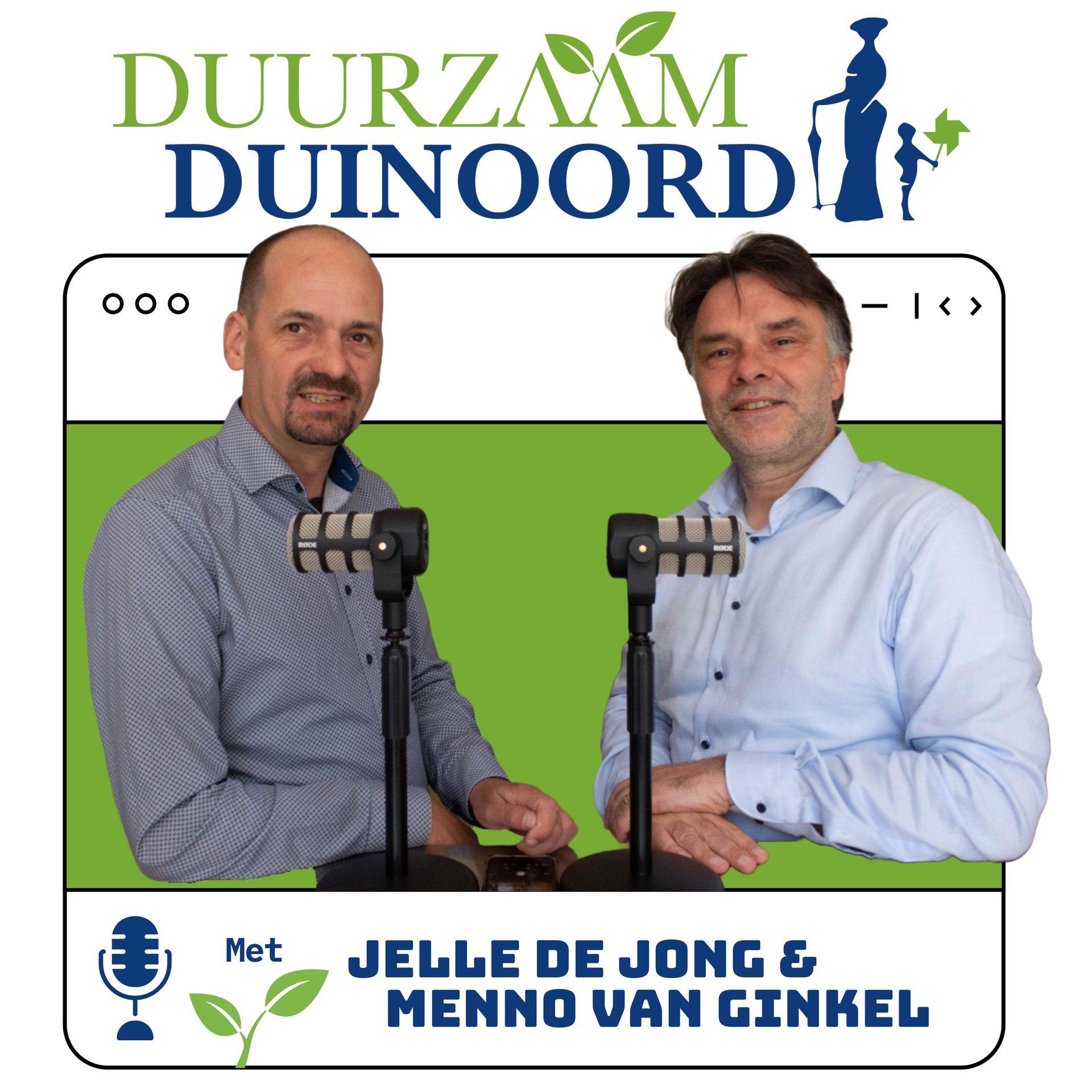 Twee mannen staan ​​met microfoons onder het spandoek “Duurzaam Duinoord”, met tekst “Jelle de Jong & Mienu Ginkel”