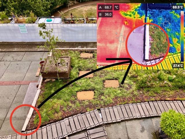 Luchtfoto van een bloembed langs een trottoir, met rode cirkels en een thermische inzet die een warme plek aangeeft.