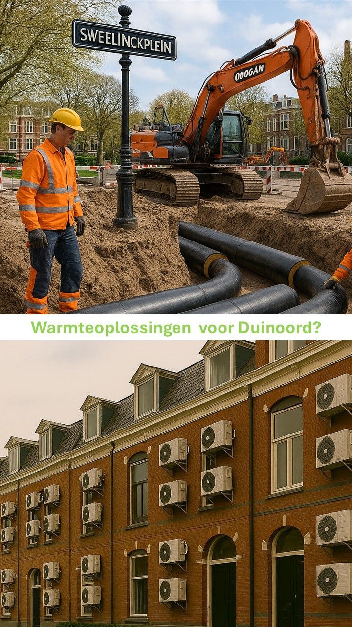 Wegwerkzaamheden voor appartementen; werknemer in oranje veiligheidskleding bij graafmachine en warmtebuizen, met de tekst
