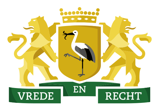 Gouden wapenschild met een ooievaar en het motto