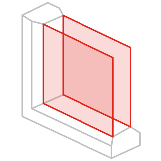 Isometrisch aanzicht van een raamkozijn met een rood rechthoekig vlak dat de glasplaat weergeeft.