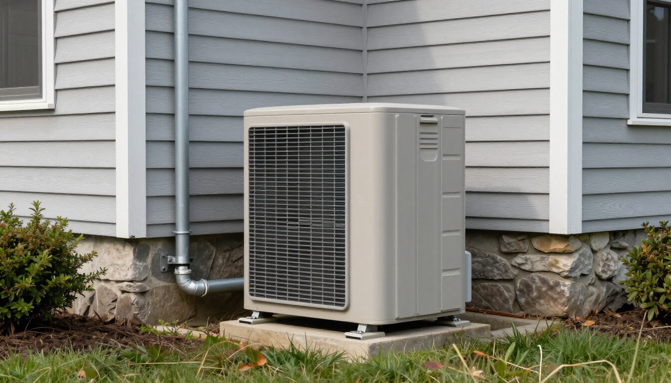 Outdoor air conditioning unit beside a gray house with stone foundation and grass lawn