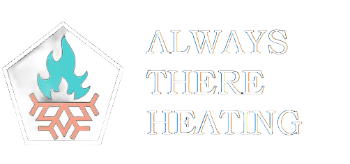 A sign that says always there heating with a fire and snowflake.