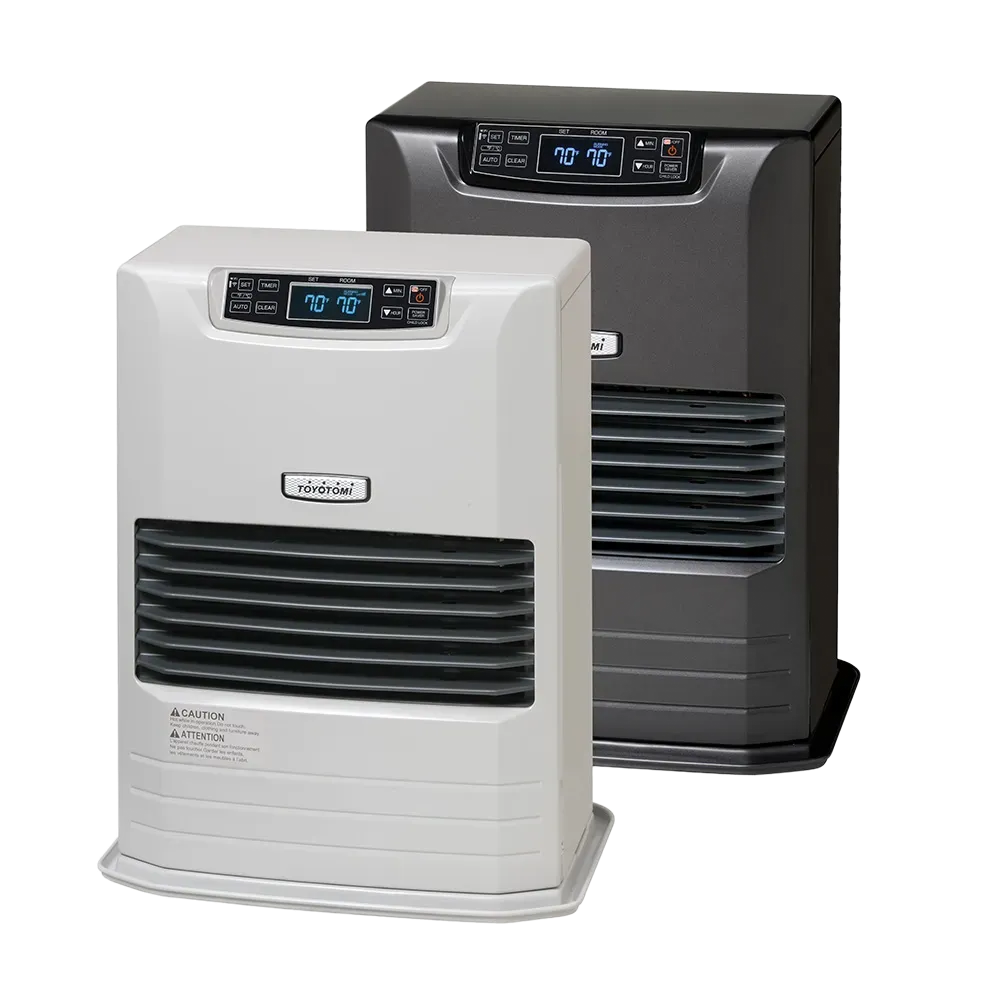 Two portable space heaters, one white and one black, with digital controls and front vents.