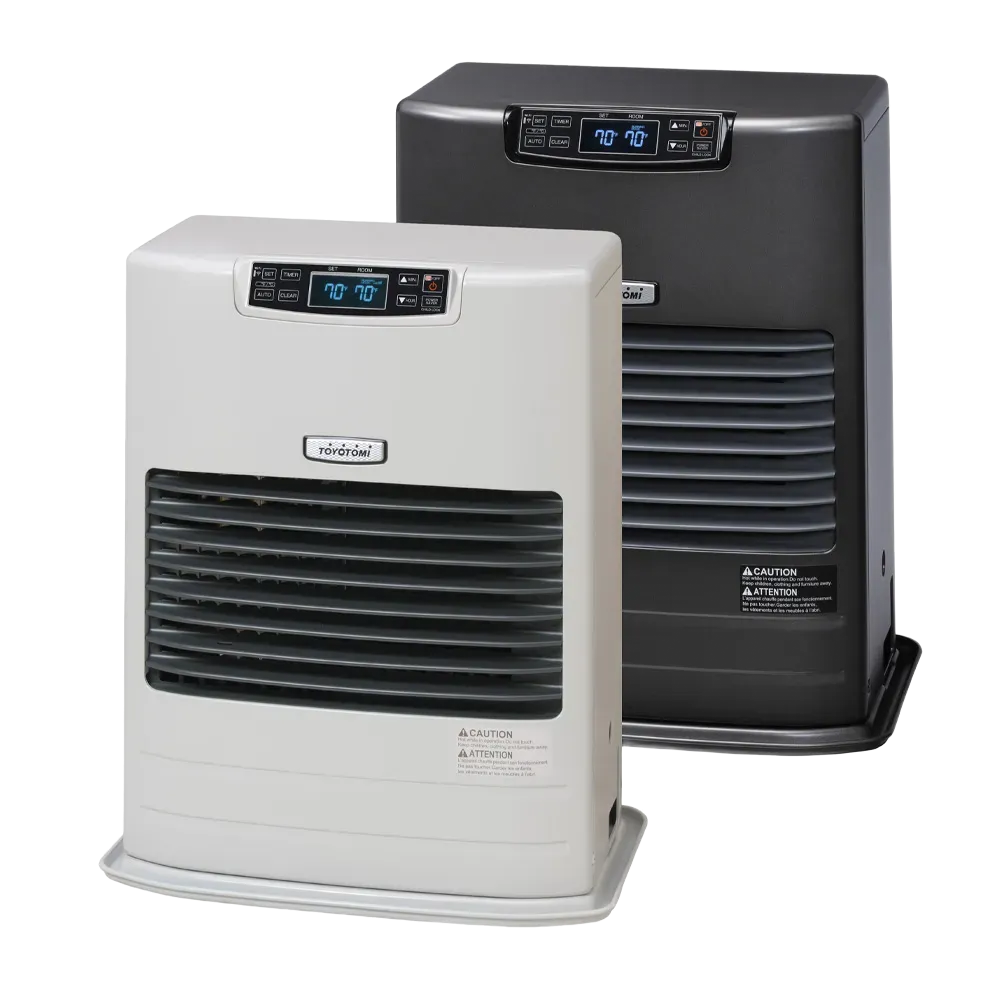 Two portable space heaters, one white and one black, with digital control panels.