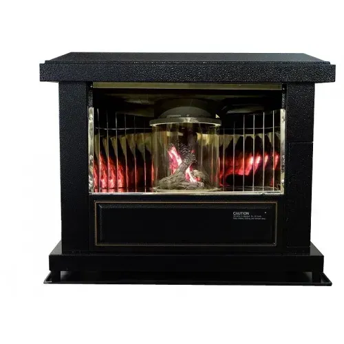 Black electric fireplace heater with glowing red logs and hourglass timer display